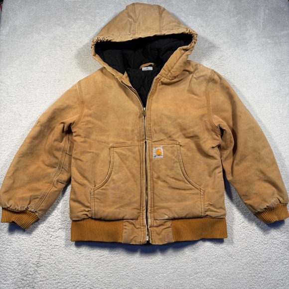 Carhartt Active Jacket Boys M 10-12 Brown Duck Canvas Quilted Faded Distressed